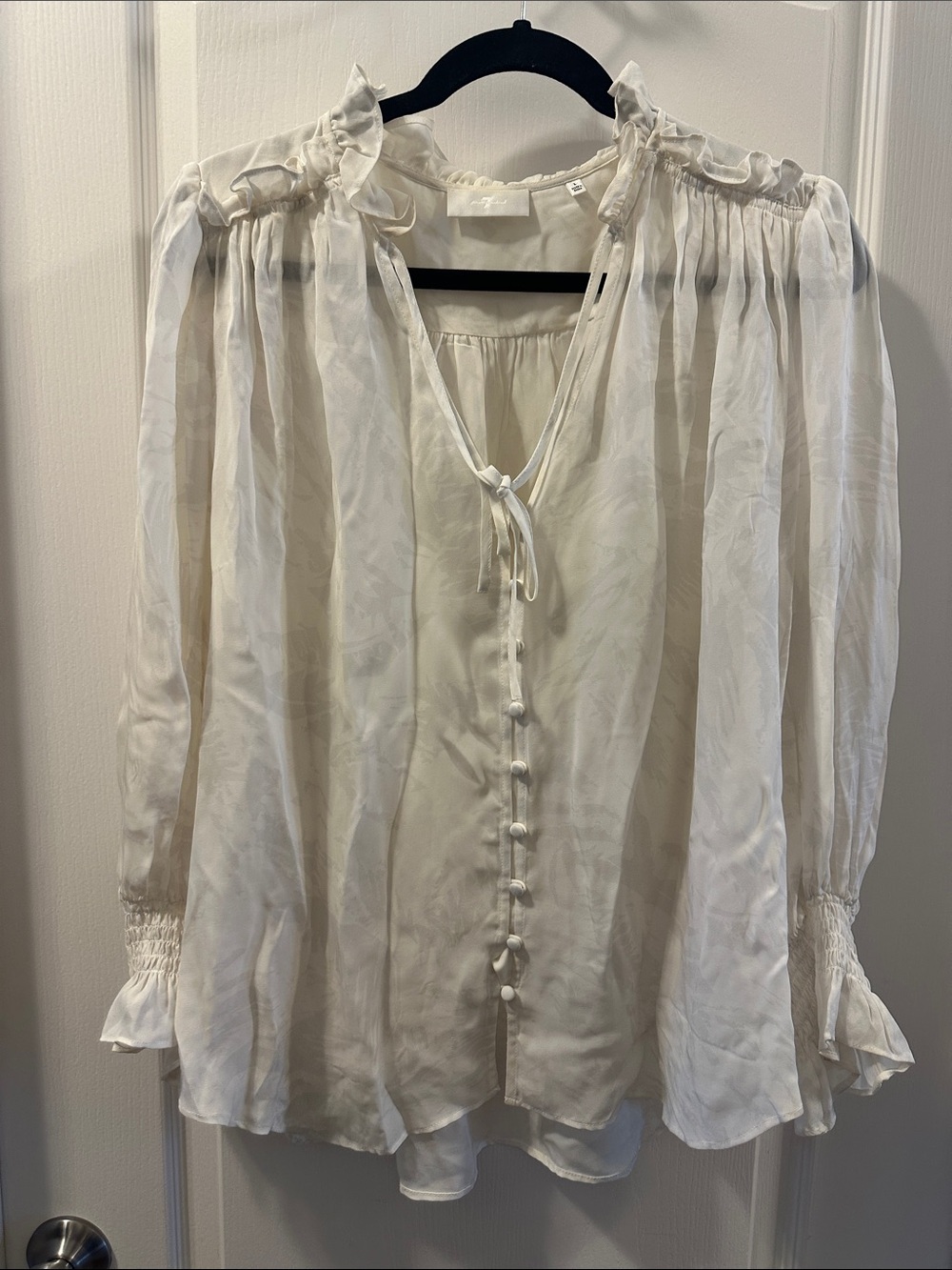 7 For All Mankind Cream Ruffle Tie-Neck Button Front Blouse